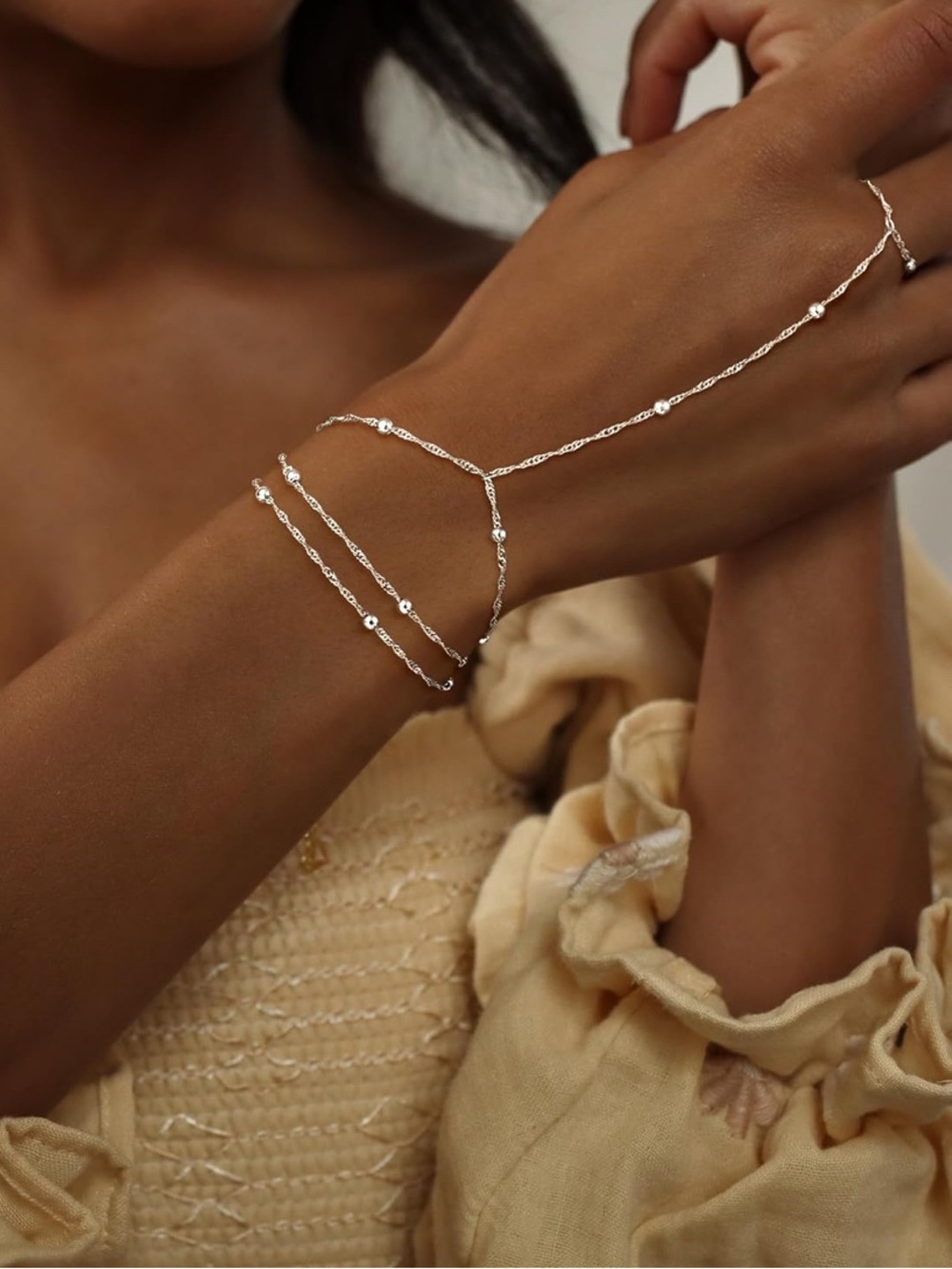 Minimalist Silver Hand Chain Bracelet with Beaded Links - Picture 2 of 4